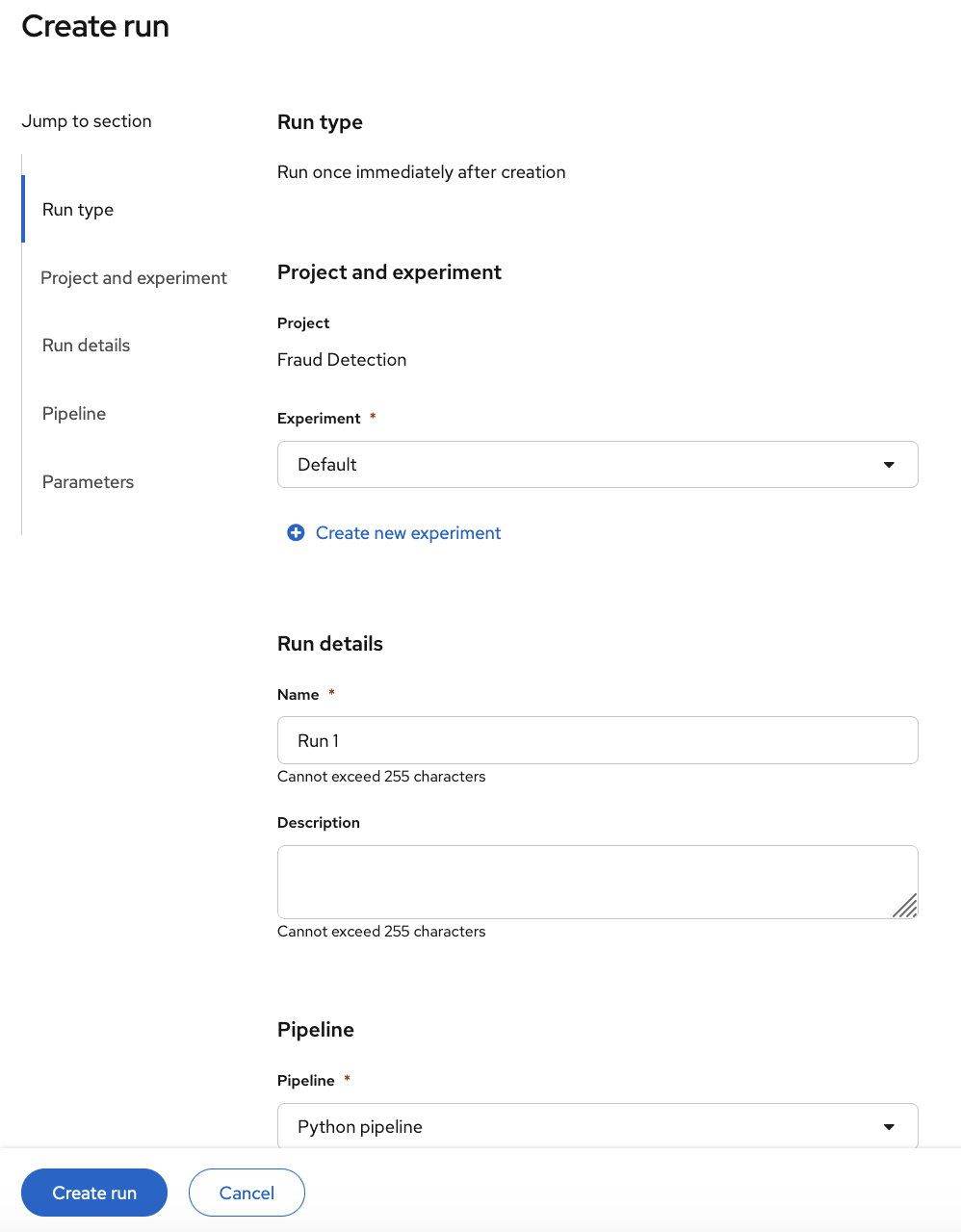 Create Pipeline Run form