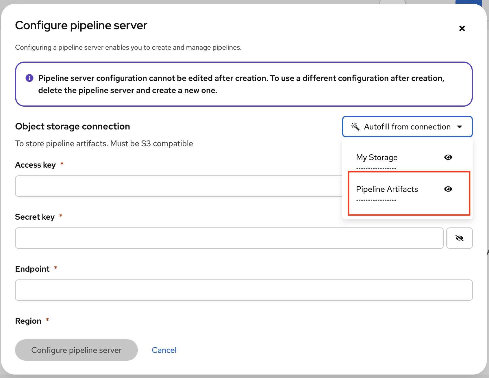 Selecting the Pipeline Artifacts connection