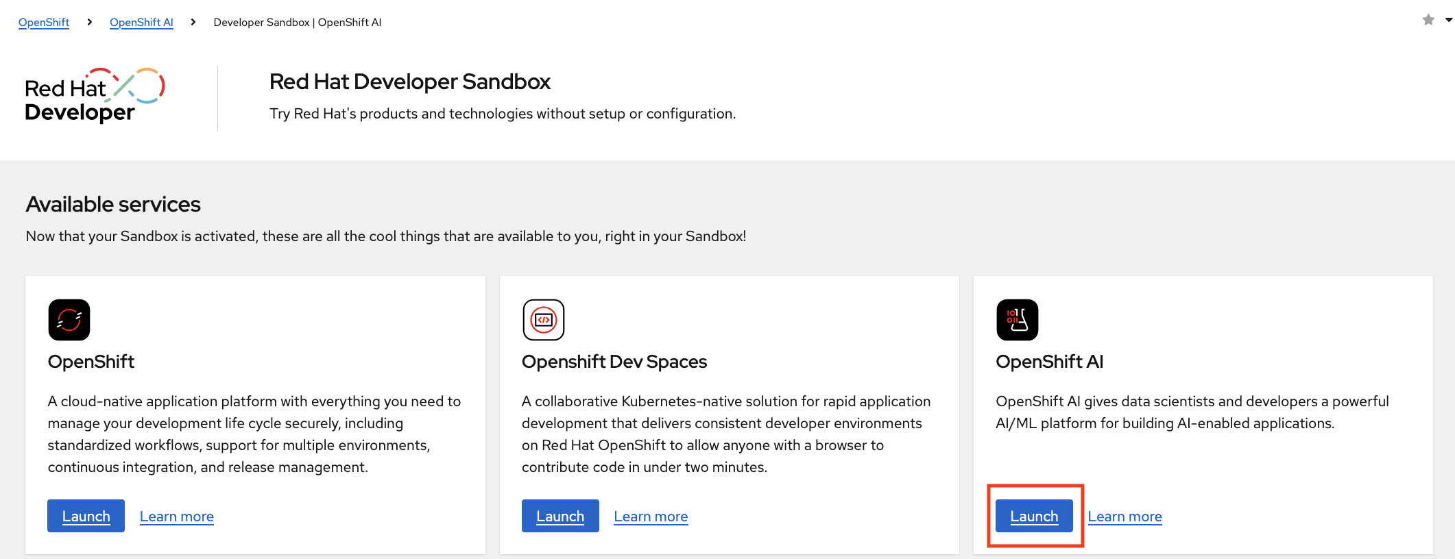 OpenShift AI dashboard link